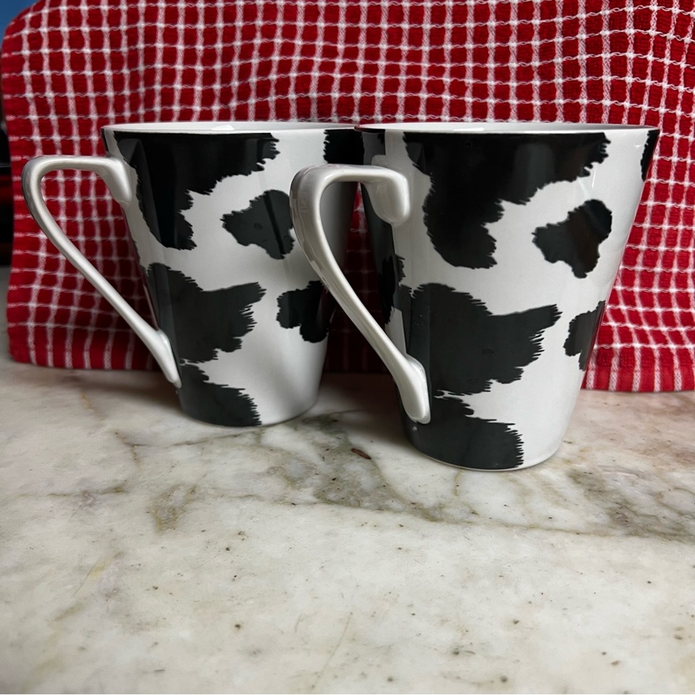 Two Black and White Cow Print Mugs, 12oz